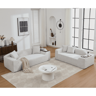2 Piece Boucle Cloud Sofa Set ,  Comfy Upholstered Deep Seat Couch Loveseat with MDF End Table,  Modern  Sofa Couch 3 Seater and 2 Seater Sofas  for Living Room Apartment Lounge