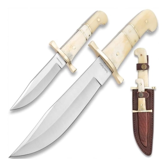 2-Piece Bowie Knife Set | Stainless Steel Blades | Two-Piece Fixed Blade Set | Bone Handles | Leather Twin Sheath | For Outdoors and Hunting | For Everyday Use | 12" and 8" Overall