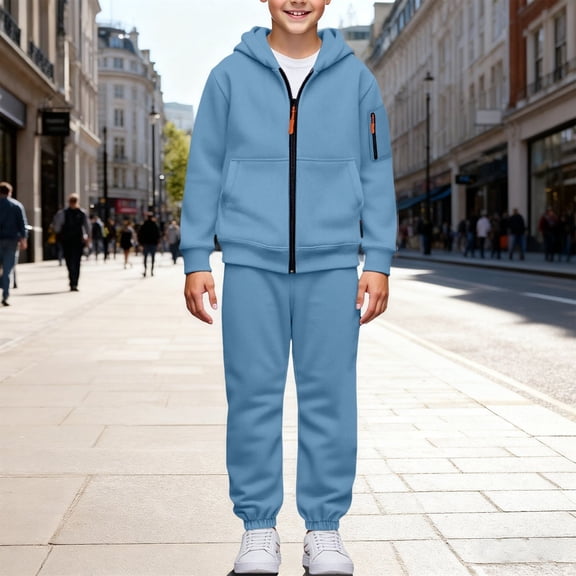 2 Piece Boys Zip Up Athletic Sweatsuit Hoodie Jacket and Joggers Sweatpants Lightweight Fleece Sportswear Set for Kids (Blue, 8-9 Years)