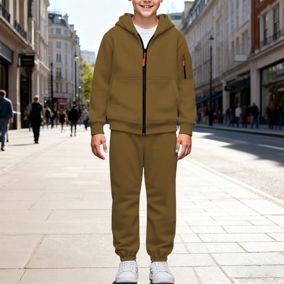 2 Piece Boys Zip Up Athletic Sweatsuit Hoodie Jacket and Joggers Sweatpants Lightweight Fleece Sportswear Set for Kids (Brown, 8-9 Years)