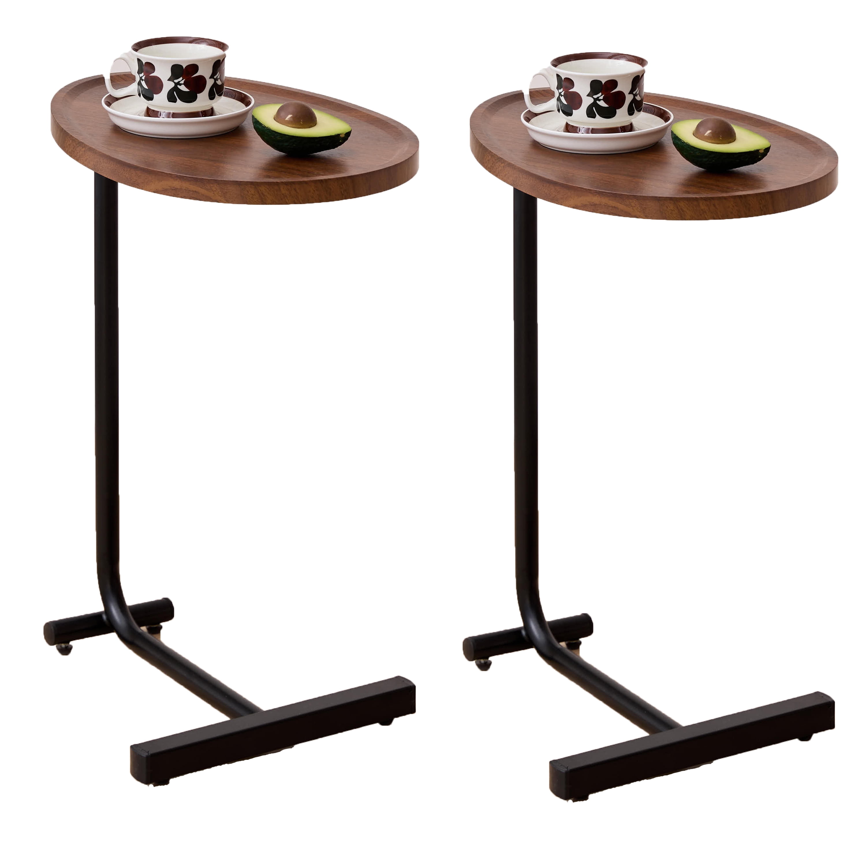 2-Piece Brown C-Shaped Side Table Set, MDF Top Couch End Table with Stable Steel Frame, Compact Slide-Under Sofa Bedside Small Side Table for Living Room Bedroom Small Spaces