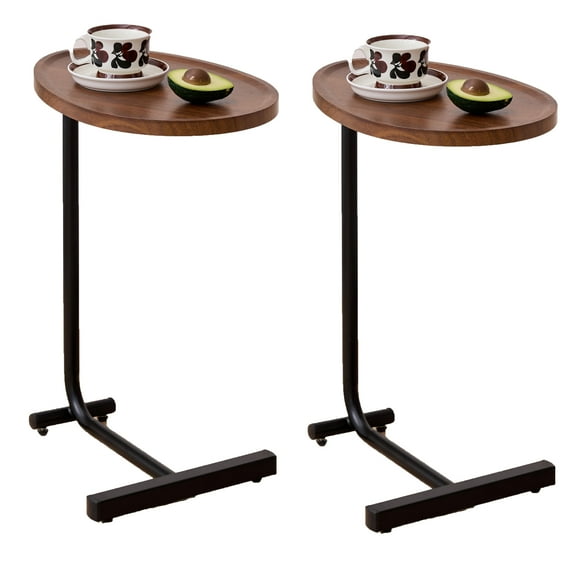 2-Piece Brown C-Shaped Side Table Set, MDF Top Couch End Table with Stable Steel Frame, Compact Slide-Under Sofa Bedside Small Side Table for Living Room Bedroom Small Spaces
