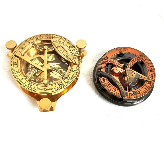2 Piece Brown & Golden Brass Sundial Compass Antique Finish Nautical Gift Size 2, 3, Inch