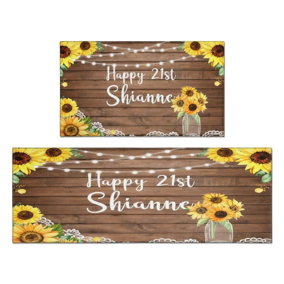 2 Piece Brown Wood Sunflower Flowers Rug Kitchen Rug Set, Decor Kitchen Rugs, Absorbent Non-Slip Washable Floor Mats, Home Indoor Runner Rugs 17"x47"+17"x30"