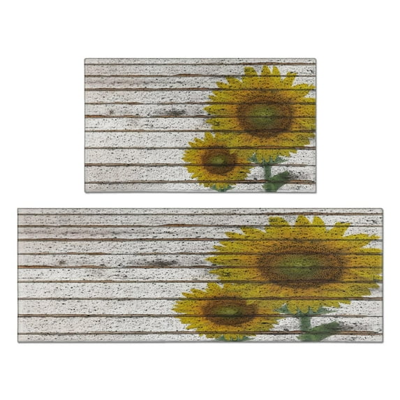 2 Piece Brown Wood Sunflower Flowers Rug Kitchen Rug Set, Decor Kitchen Rugs, Absorbent Non-Slip Washable Floor Mats, Home Indoor Runner Rugs 17"x47"+17"x30"