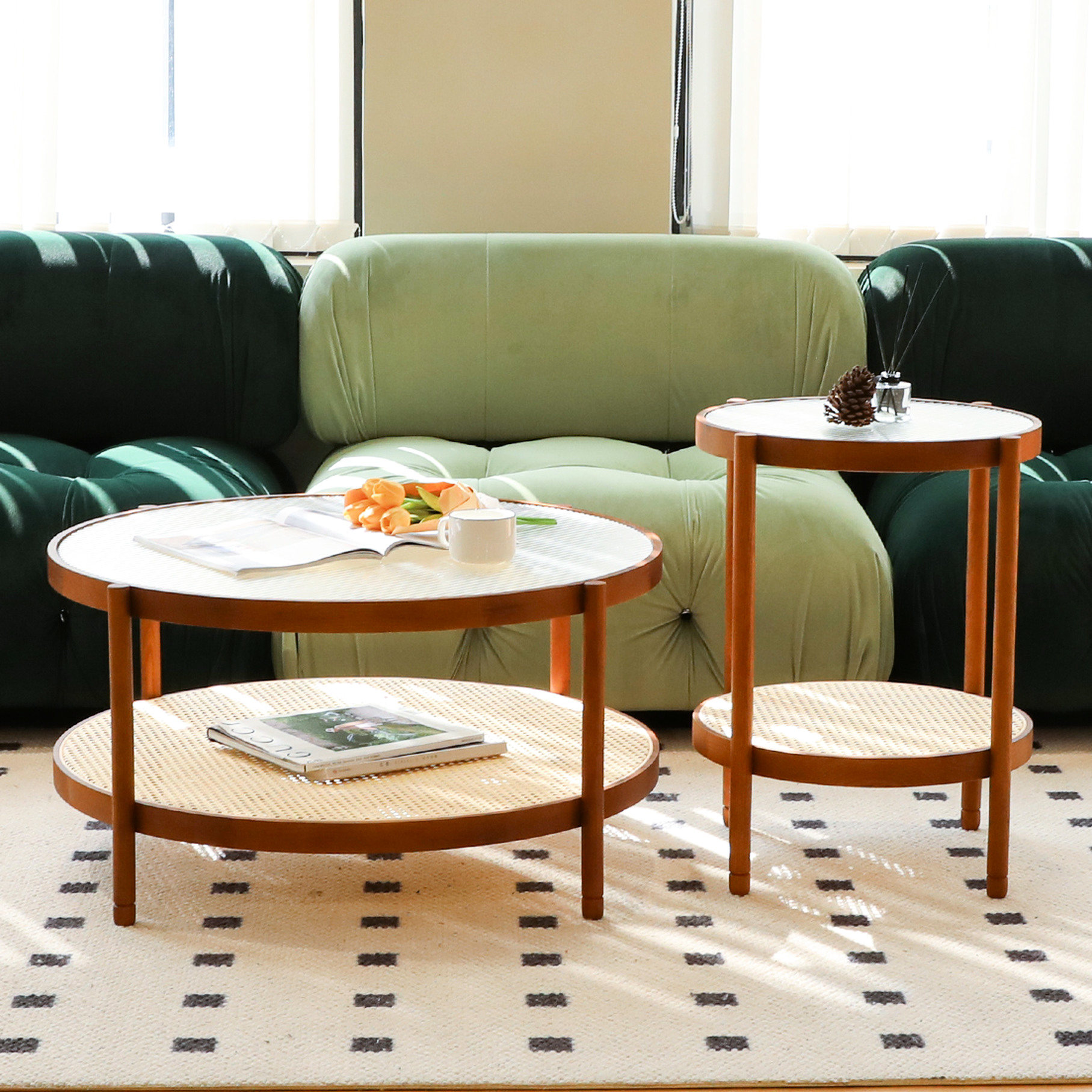 2-Piece Brown Wood and Glass Coffee Table Set, 20-Inch Dimensions, Easy ...