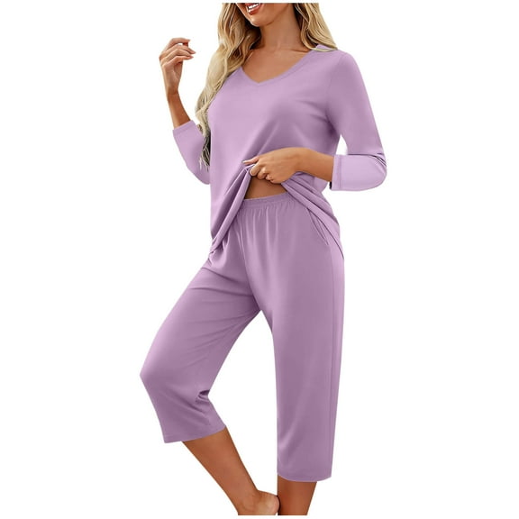 2-Piece Brushed Pajama Set for Women 3/4 Sleeve V Neck Top with Capri Pants Basic Warm Homewear Casual Comfy Pjs 2pcs Loungewear Solid Color Soft Fall Sleepwear