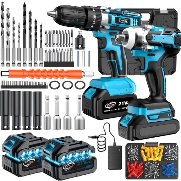 2-Piece Brushless Cordless Power Tool Combo Kit, including impact wrench and impact drill. Comes with batteries and chargers, perfect for concrete drilling, home renovation, household use and DIY pro