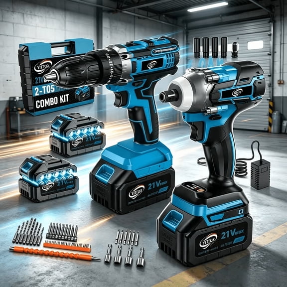 2-Piece Brushless Cordless Power Tool Combo Kit, including impact wrench and impact drill. Comes with batteries and chargers, perfect for concrete drilling, home renovation, household use and DIY pro