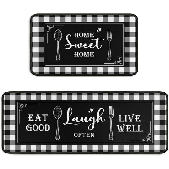 2 Piece Buffalo Plaid Black and White Kitchen Rug Set, Home Kitchen Sink Rugs and Mats Non Skid Washable Absorbent Microfiber Kitchen Floor Carpet 17" x 47"+17" x 30"