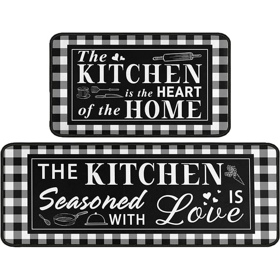 2 Piece Buffalo Plaid Black and White Kitchen Rug Set, Home Kitchen Sink Rugs and Mats Non Skid Washable Absorbent Microfiber Kitchen Floor Decor Carpet 17" x 47"+17" x 30" Tapetes para Cocina