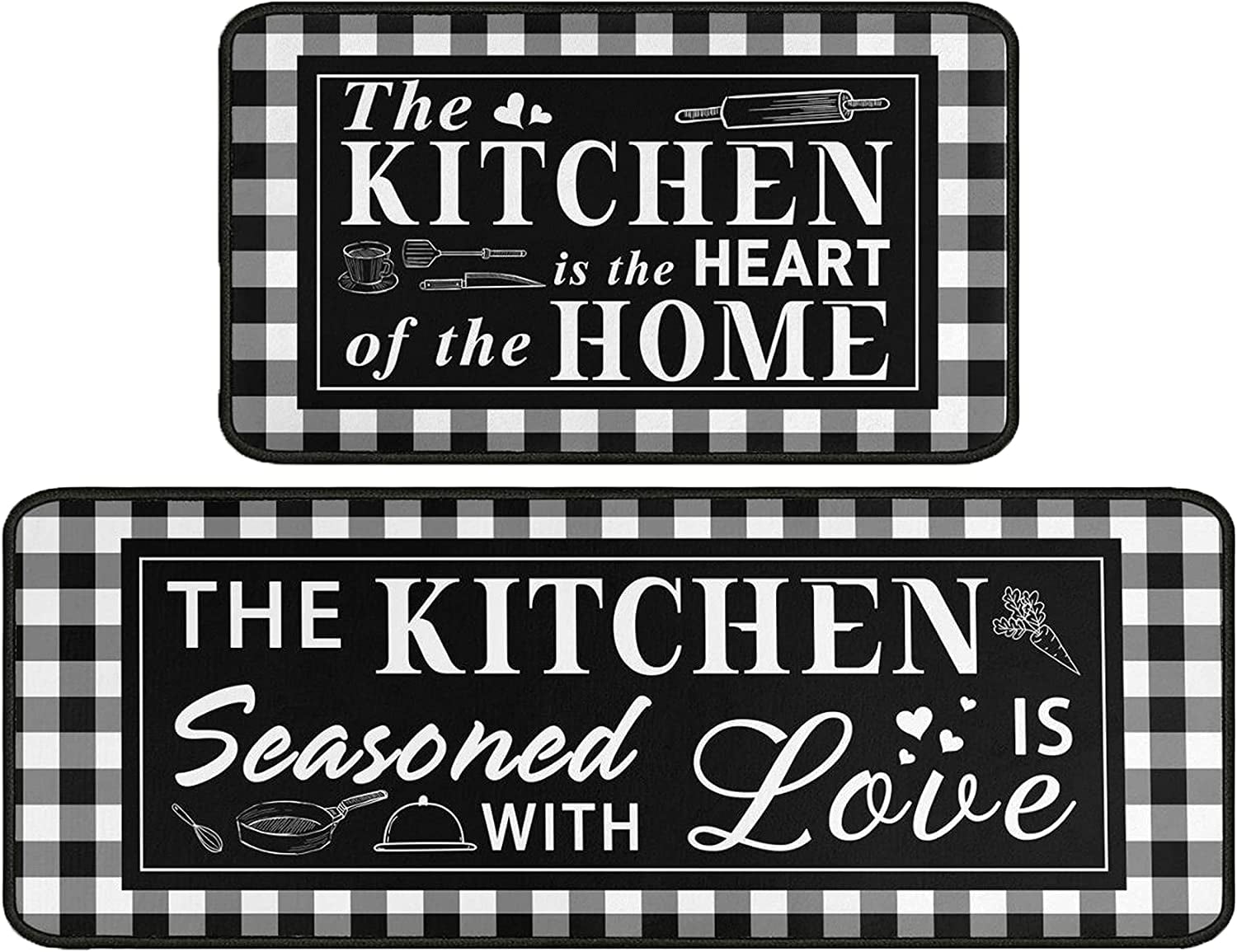 2 Piece Buffalo Plaid Black and White Kitchen Rug Set, Home Kitchen