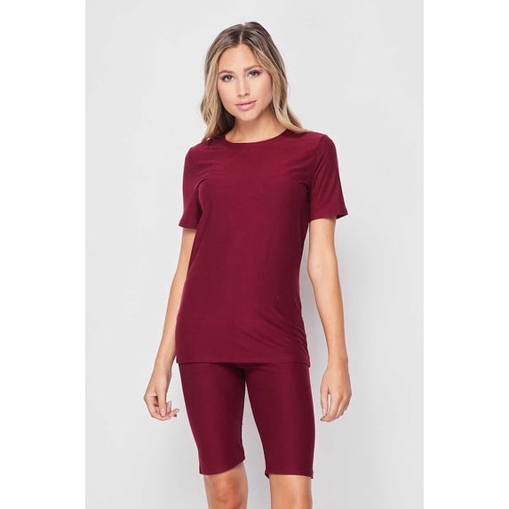 2 Piece Buttery Smooth Basic Solid Biker Shorts and T-Shirt Set Burgundy S