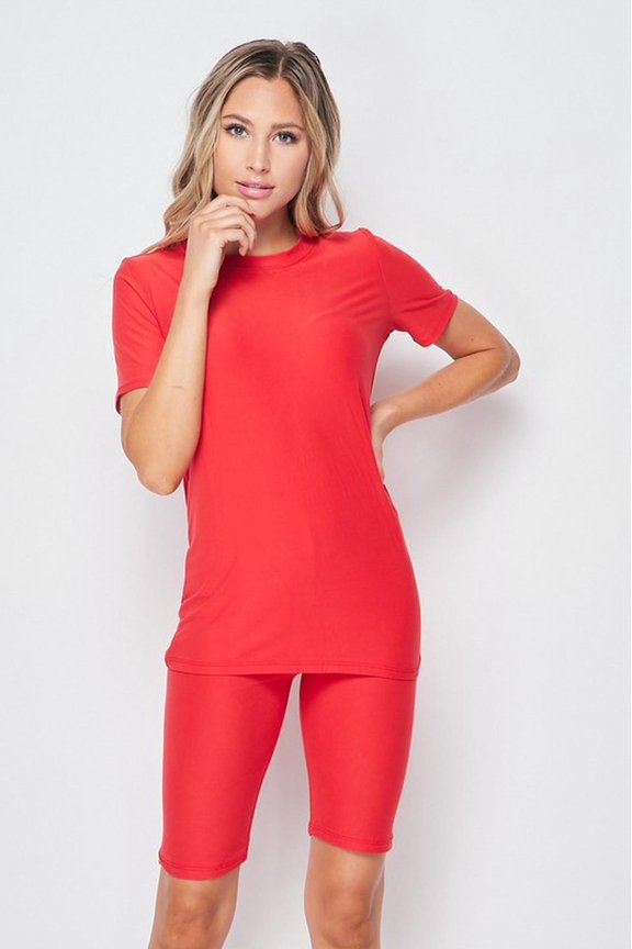 2 Piece Buttery Smooth Basic Solid Biker Shorts and T-Shirt Set Red S