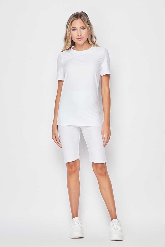 2 Piece Buttery Smooth Basic Solid Biker Shorts and T-Shirt Set White S