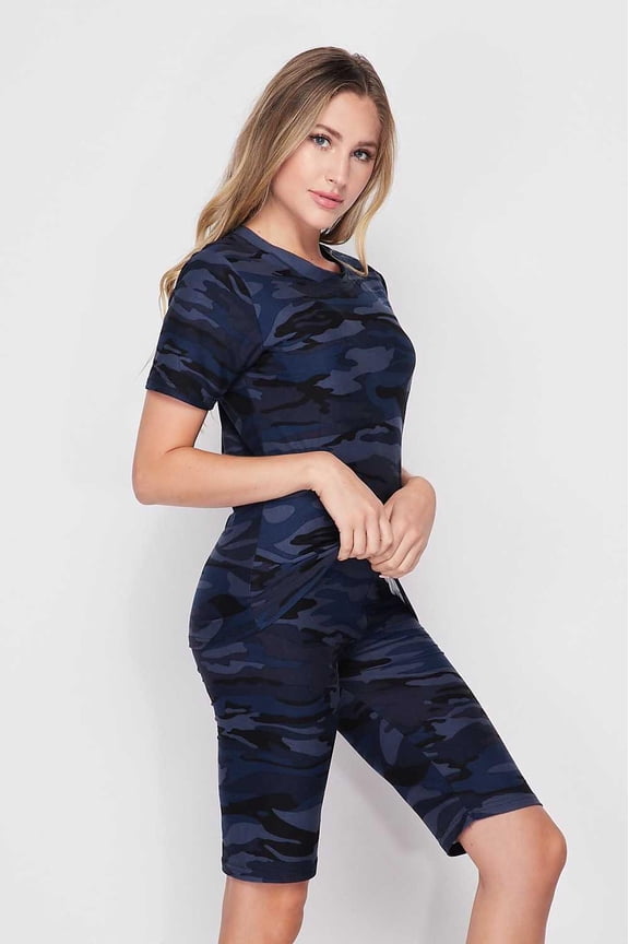 2 Piece Buttery Smooth Navy Camouflage Biker Shorts and T-Shirt Set Navy M