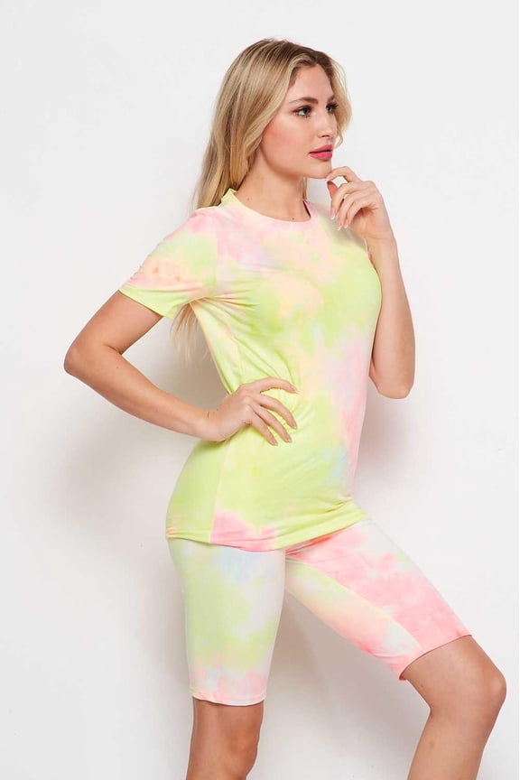 2 Piece Buttery Smooth Pink and Yellow Tie Dye Biker Shorts and T-Shirt Set Yellow S