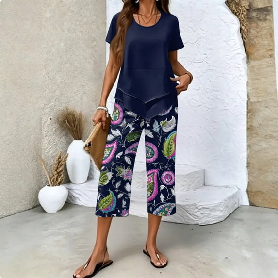 2 Piece Capri Sets for Women Short Sleeve Asymmetrical Top Capri Pants Set