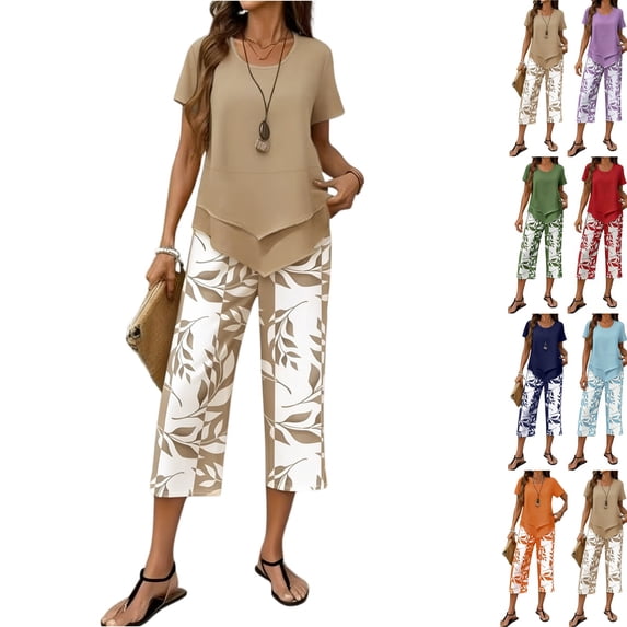 2 Piece Capri Sets for Women Summer Plus Size Crew Neck Tops Floral Print Wide Leg Capris Pants Boho Beach Travel Outfits 2026 Brown XXL