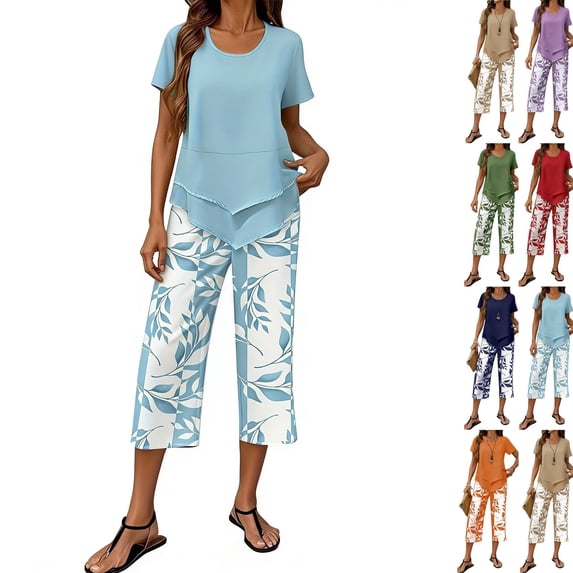 2 Piece Capri Sets for Women Summer Plus Size Crew Neck Tops Floral Print Wide Leg Capris Pants Boho Beach Travel Outfits 2026 Sky Blue XXL