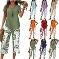 thumbnail image 1 of 2 Piece Capri Sets for Women Summer Plus Size Crew Neck Tops Floral Print Wide Leg Capris Pants Boho Beach Travel Outfits Army Green XXL, 1 of 3