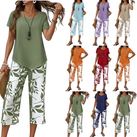 2 Piece Capri Sets for Women Summer Plus Size Crew Neck Tops Floral Print Wide Leg Capris Pants Boho Beach Travel Outfits Army Green XXL