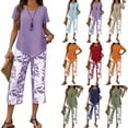 thumbnail image 1 of 2 Piece Capri Sets for Women Summer Plus Size Crew Neck Tops Floral Print Wide Leg Capris Pants Boho Beach Travel Outfits Purple S, 1 of 3