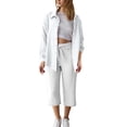 thumbnail image 1 of 2 Piece Capris Womens Sets Cotton Linen Long Sleeve Button Up Shirt and Capri Pant Vacation Lounge Outfits, White|Capri XL, 1 of 6