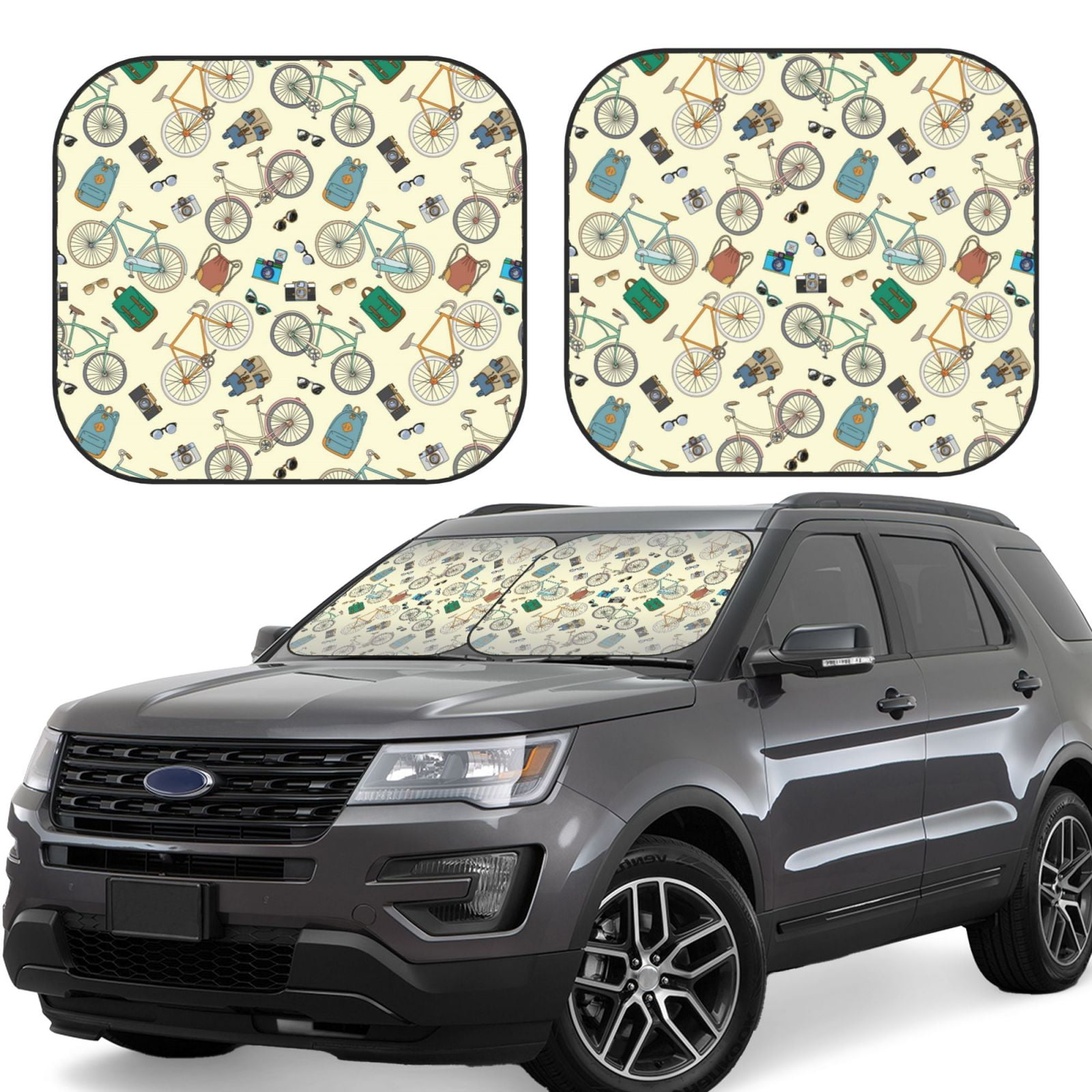 2 Piece Car Windshield Sun Shade Bike Pattern Trendy Foldable Front