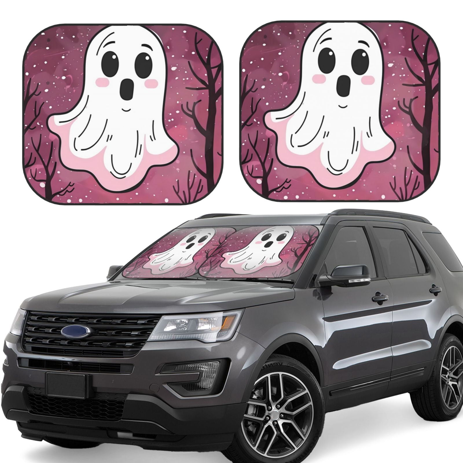 2 Piece Car Windshield Sun Shade Cute Pink Halloween Ghost Foldable