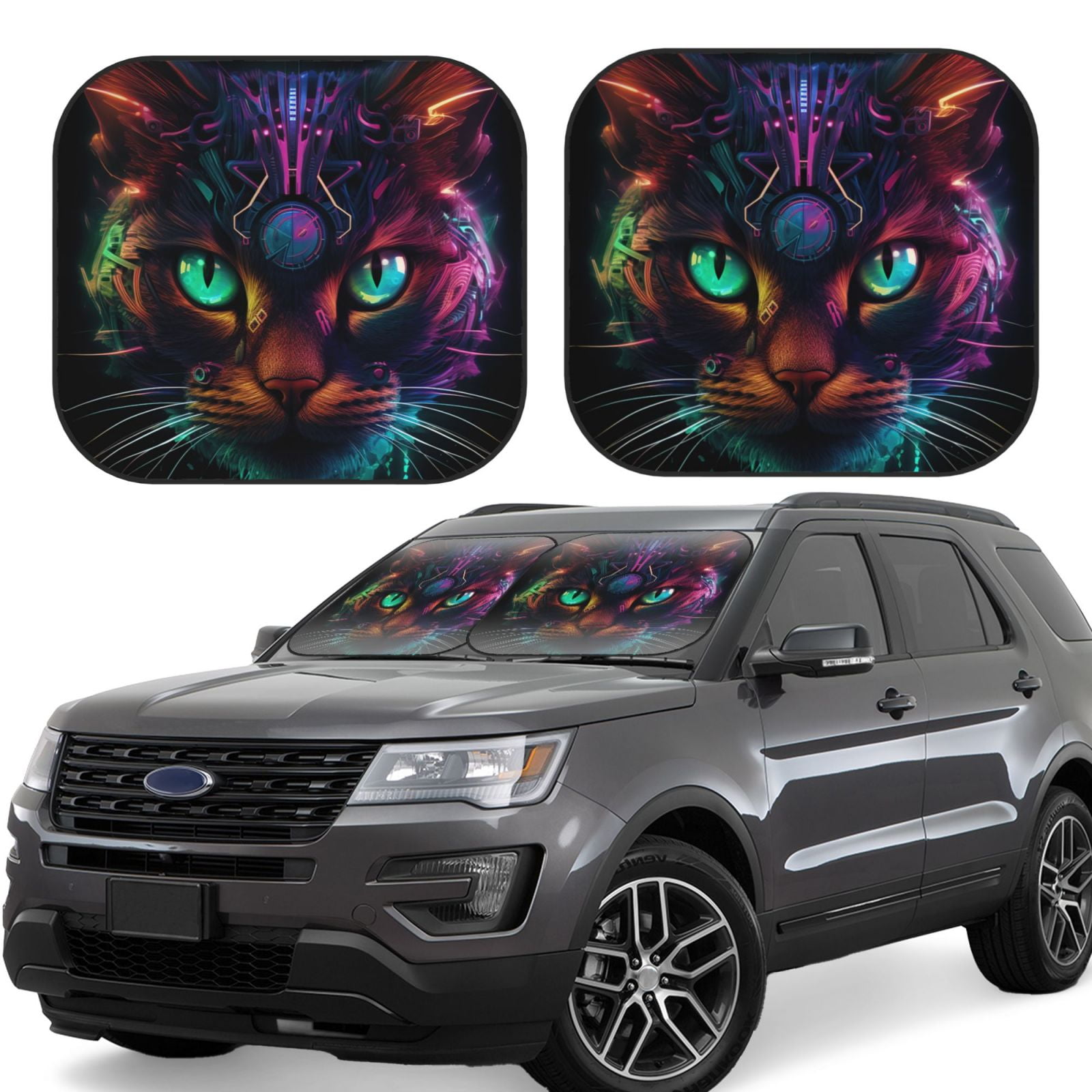 2 Piece Car Windshield Sun Shade Futuristic Cat Warrior Foldable