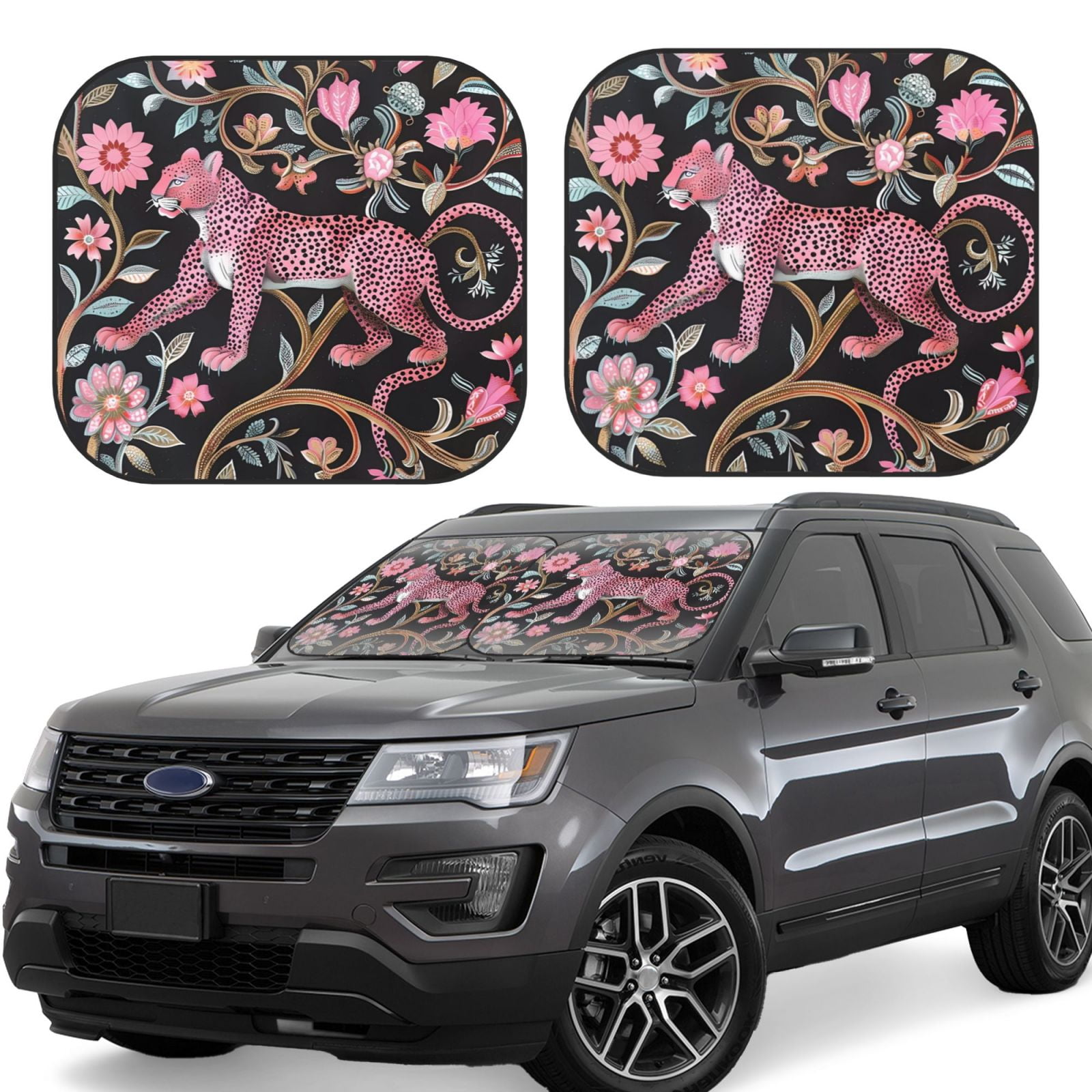 2 Piece Car Windshield Sun Shade Pink Leopard Floral Foldable Front