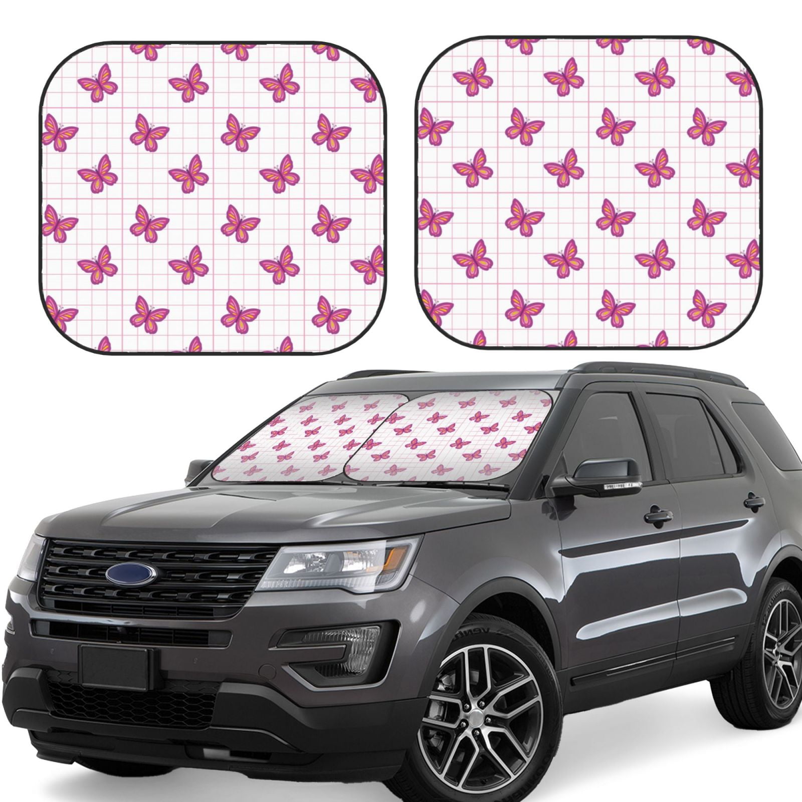 2 Piece Car Windshield Sun Shade Retro Pink butterfly Grid Y2K 90s