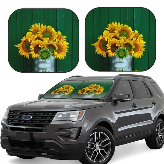 2 Piece Car Windshield Sun Shade - Sunflowers In Bucket Foldable Front Car Window Shades Reflect Sun And Heat For Most Cars, Universal Size