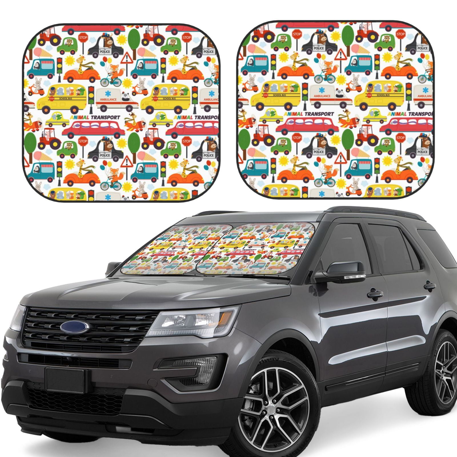 2 Piece Car Windshield Sun Shade Transports With Animals Foldable