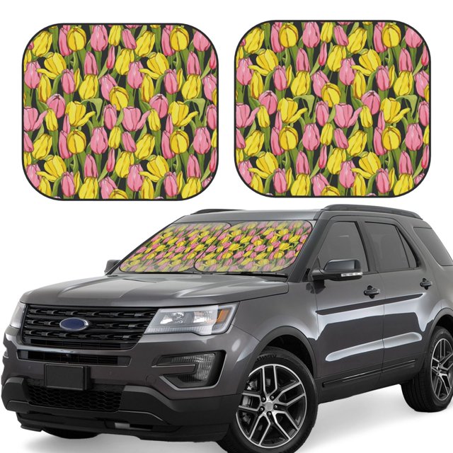 2 Piece Car Windshield Sun Shade Tulips Flowers Brilliant Yellow