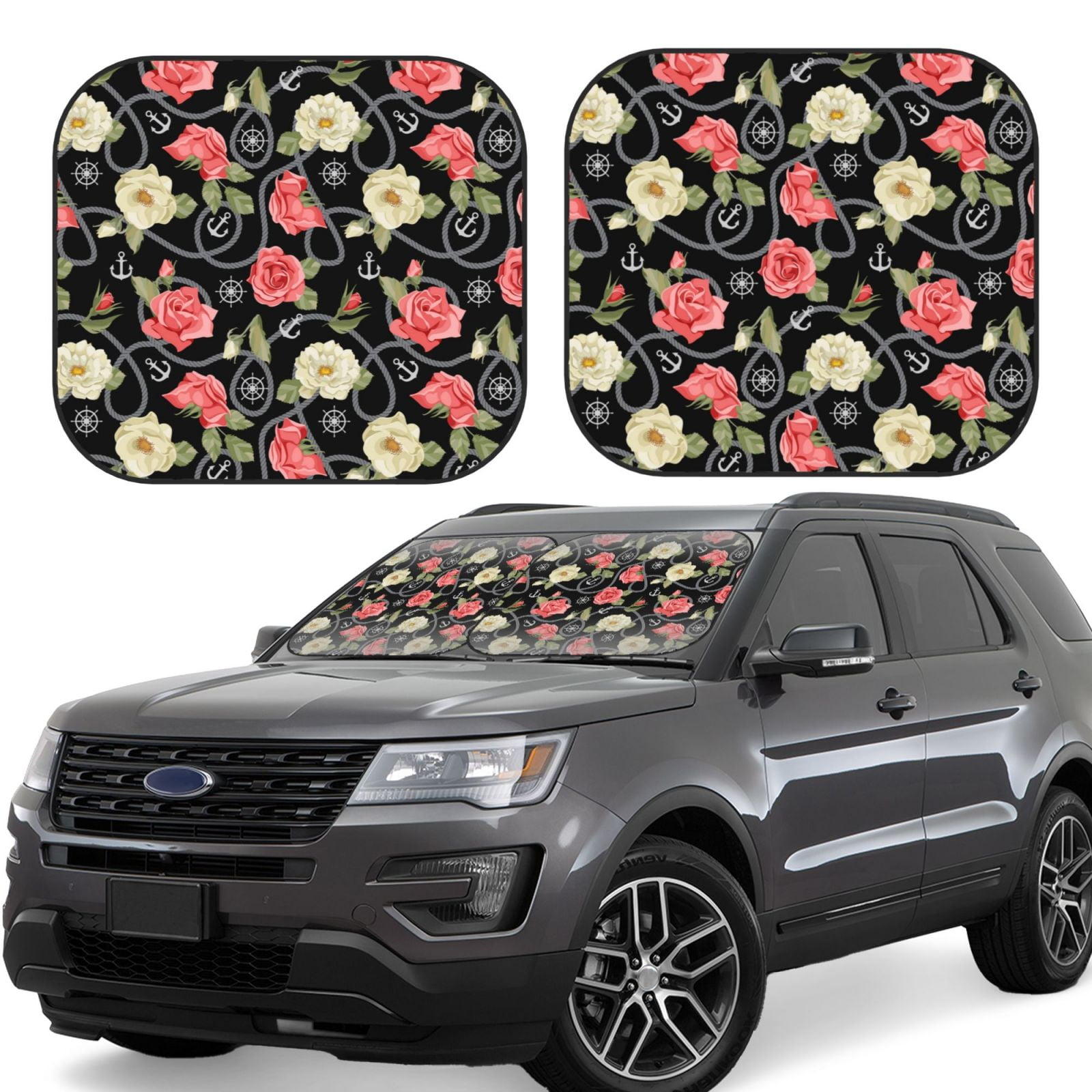 2 Piece Car Windshield Sun Shade - Vintage roses anchors rope black ...