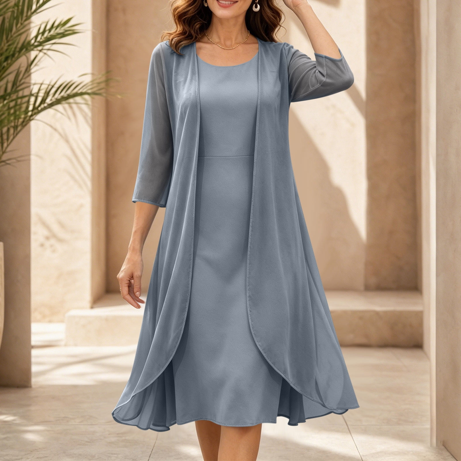 two piece knee length dress Bmisegm Women's Fashion Elegant Dresses Sets Long Sleeve Hollow Out Lace Cardigans Formal Dress Party Dress Knee Length Evening Dress Two Piece Set