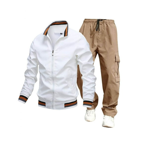 2 Piece Cargo Tracksuits for Men Casual Hiking Jogging Sport Outfits Full Zip Lightweight Jacket and Pant Sets (L, White)