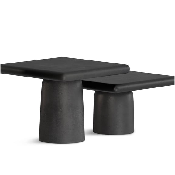 2-Piece Cast Aluminum Coffee Table Set, Textured Black & Graphite Finish, Square Top with Rounded Edges, Cylindrical Base, Indoor Accent Tables for Living Room, Den, Fully Assembled
