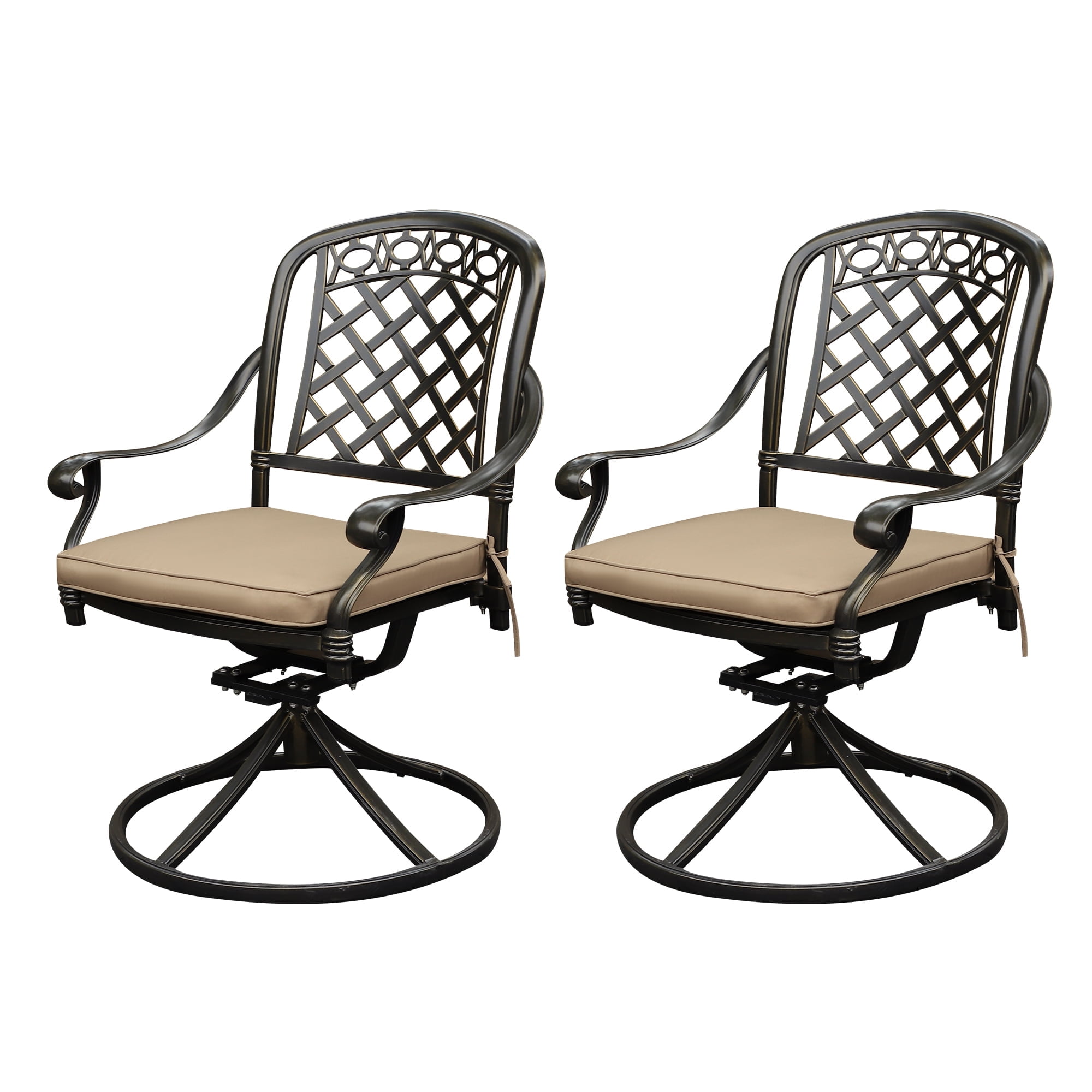 Antique Bronze Swivel Patio Dining Chairs with Cushions, Set of 2