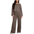 thumbnail image 1 of 2 Piece Casual Outfits For Women Crew Neck Long Sleeve Cropped Tops Elastic Waist Drawstring Pants Loose Stylish Set (L, Coffee), 1 of 6