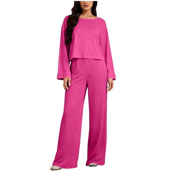 2 Piece Casual Outfits For Women Crew Neck Long Sleeve Cropped Tops Elastic Waist Drawstring Pants Loose Stylish Set (L, Hot Pink)