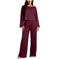 thumbnail image 1 of 2 Piece Casual Outfits For Women Crew Neck Long Sleeve Cropped Tops Elastic Waist Drawstring Pants Loose Stylish Set (L, Wine), 1 of 6