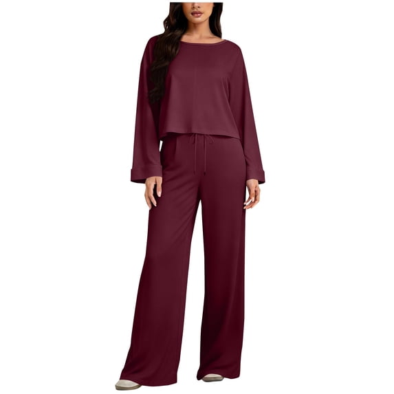 2 Piece Casual Outfits For Women Crew Neck Long Sleeve Cropped Tops Elastic Waist Drawstring Pants Loose Stylish Set (L, Wine)