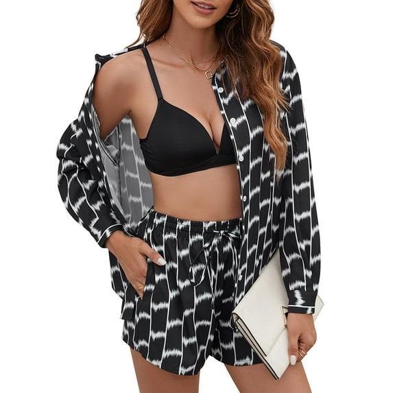 2 Piece Casual Outfits Long Sleeve Button Down Shirt And Shorts Sweatsuit Sets