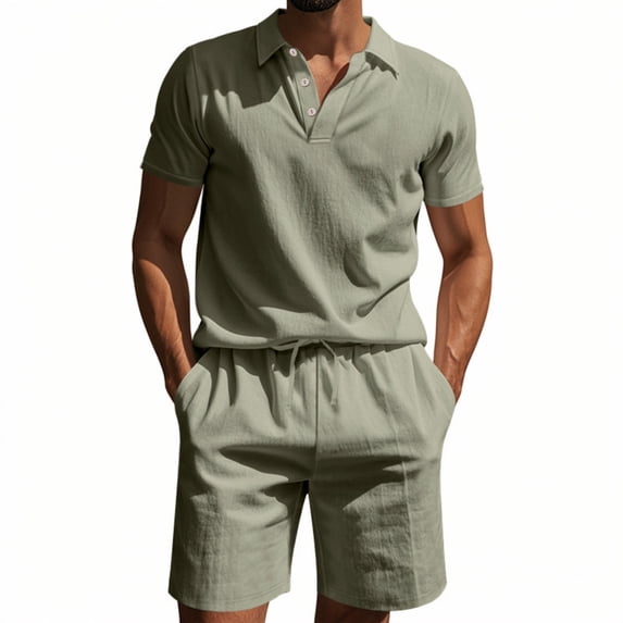 2 Piece Casual Outfits for Men Linen Short Sleeve Button Down Polo Shirts and Shorts Set Lapel Collar Drawstring Sets Lightweight Summer Vacation Walking Athletic Activewear,Camouflage Green 3XL