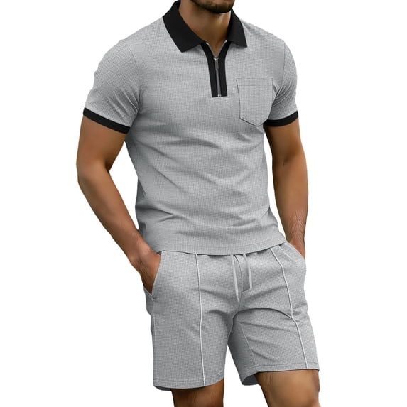 2 Piece Casual Set for Men Knit Quarter Button Shirt with Shorts Half Zip Collared Top Drawstring Shorts Summer Matching Tracksuit 3XL