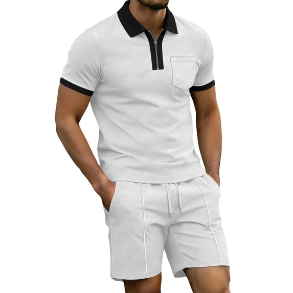 2 Piece Casual Set for Men Knit Quarter Button Shirt with Shorts Half Zip Collared Top Drawstring Shorts Summer Matching Tracksuit 3XL