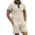 thumbnail image 1 of 2 Piece Casual Set for Men Knit Quarter Button Shirt with Shorts Half Zip Collared Top Drawstring Shorts Summer Matching Tracksuit L, 1 of 5